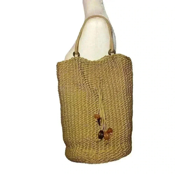 Oscar De La Renta Raffia Bucket Bag Wicker Suede Woven Purse Natural Beach Purse - Picture 3 of 16